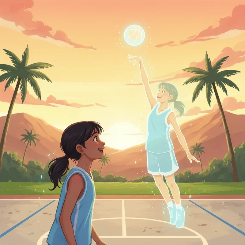 A young player facing a glowing avatar of herself on a dusk court