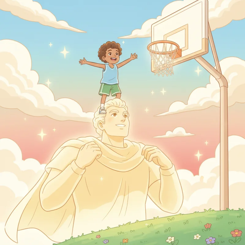 A young player standing on the shoulders of a larger figure