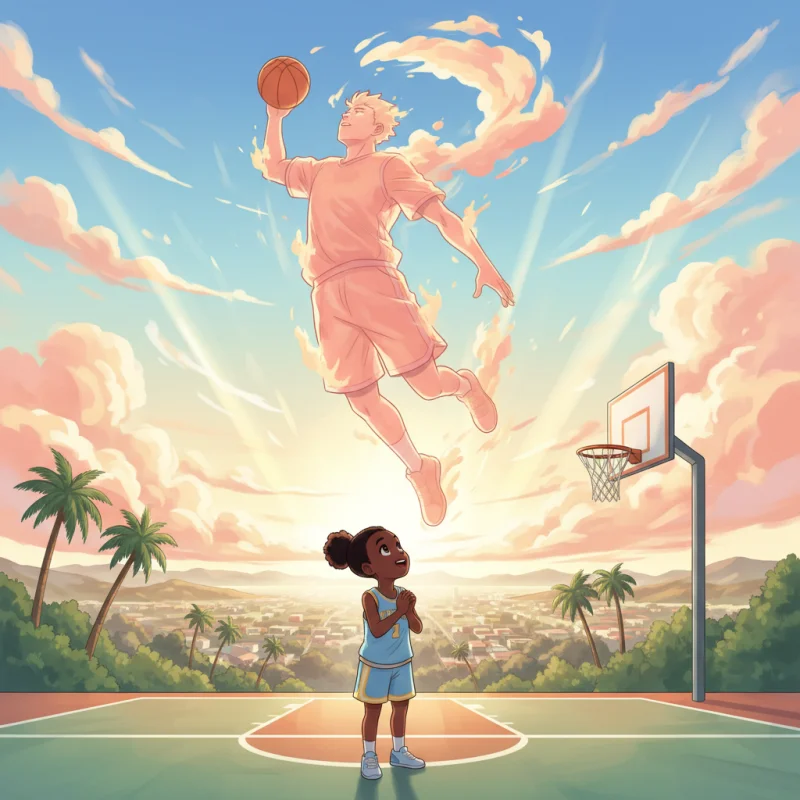 A young player gazing up at a giant glowing basketball hero in the sunset sky