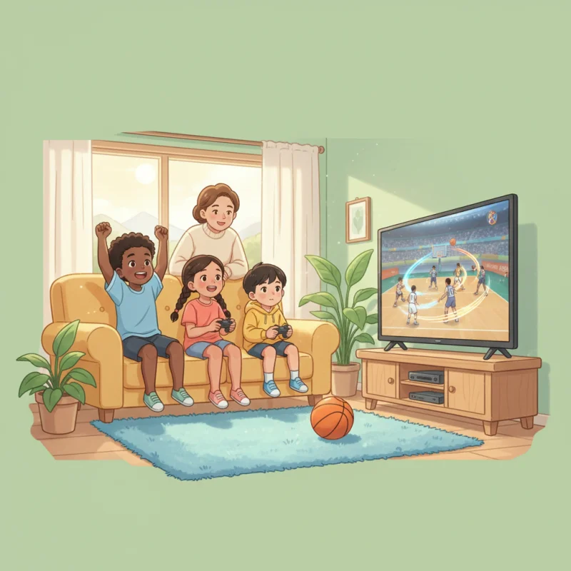 Kids playing a basketball video game together in a warm living room
